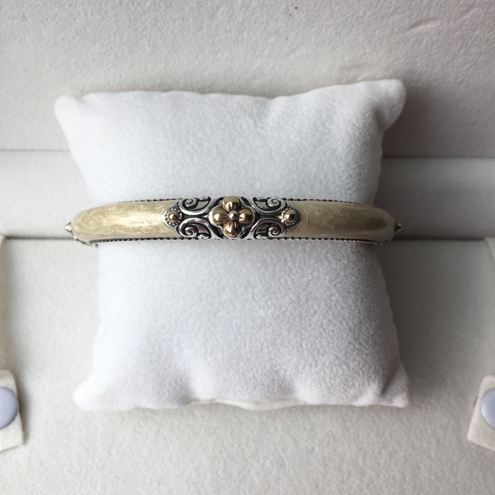 Barbara Bixby Rare Ivory Enamel Hinged Cuff Bracelet 18K Gold Lotus Sterling